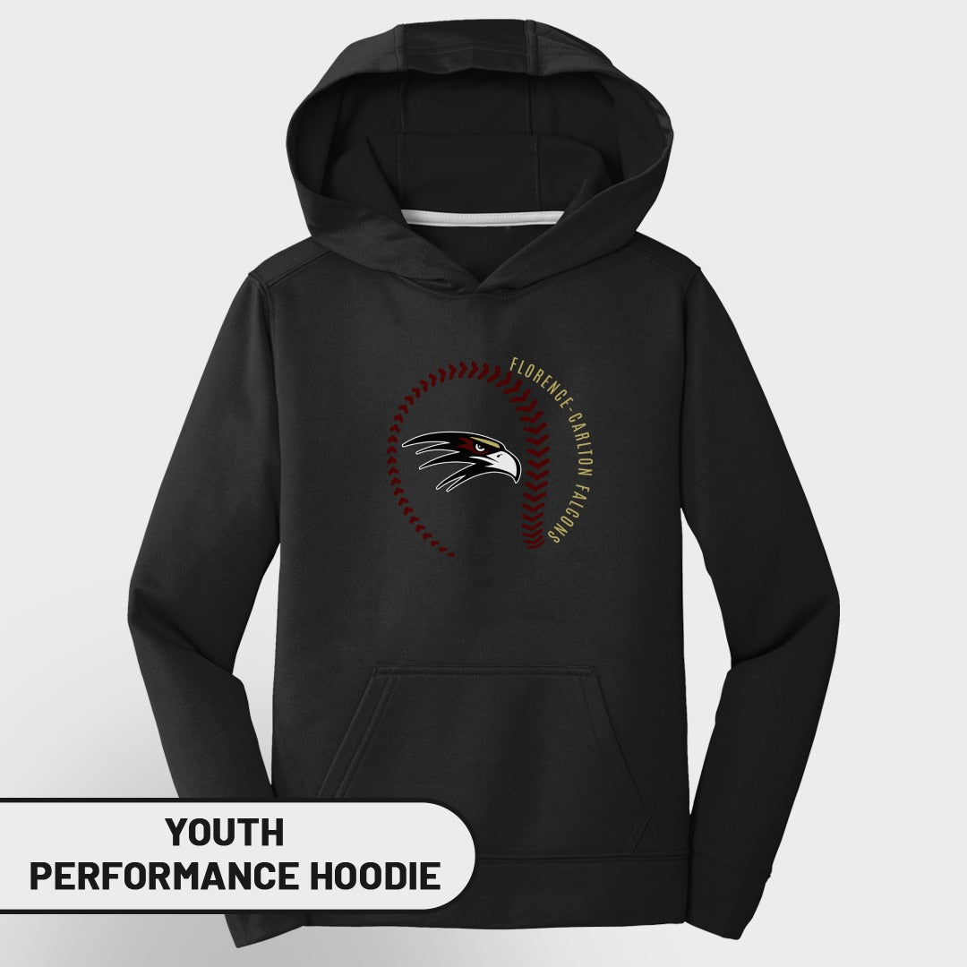 Black youth performance hoodie with Florence-Carlton Falcons eagle logo and baseball stitching.