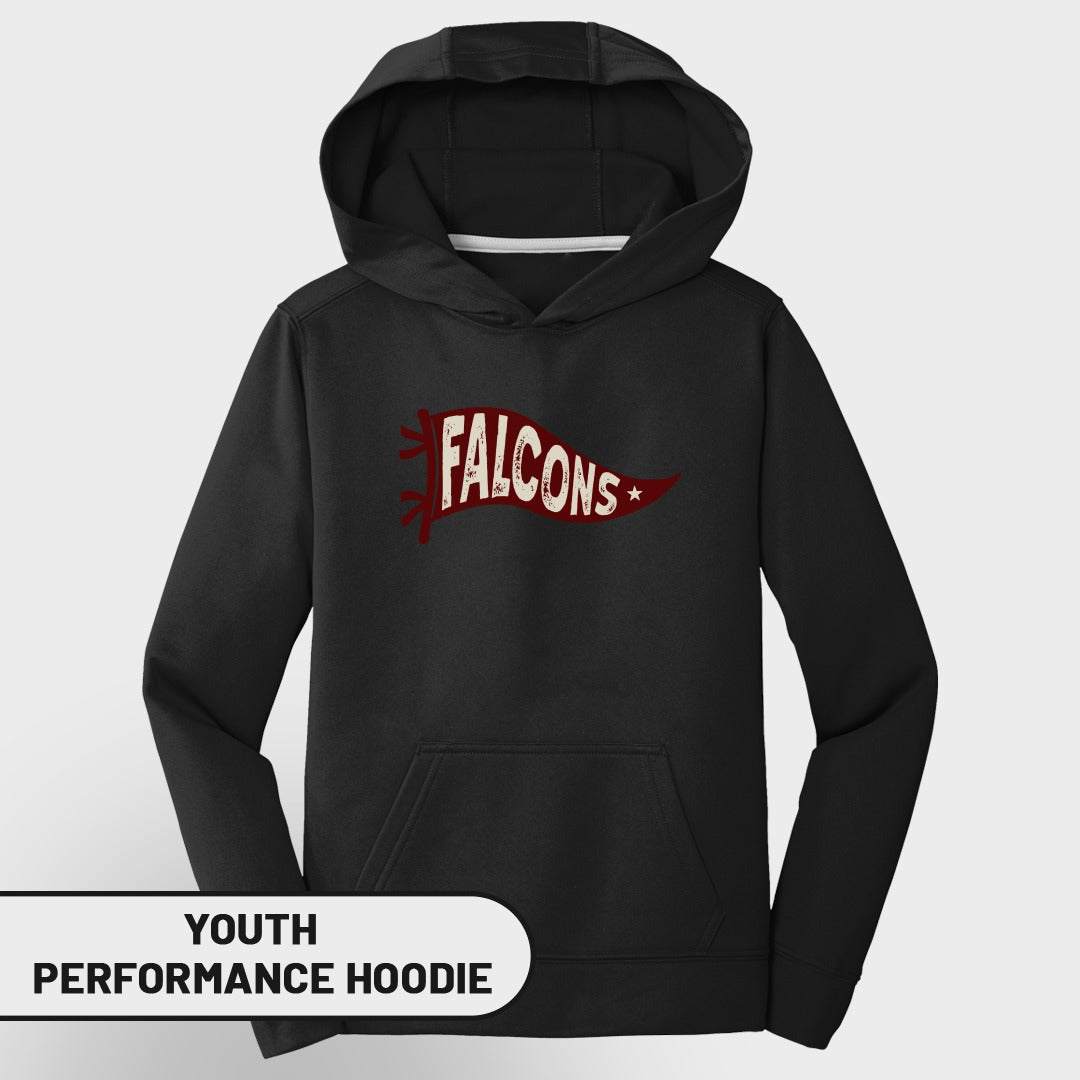 Youth black performance hoodie with a distressed red "Falcons" pennant graphic.