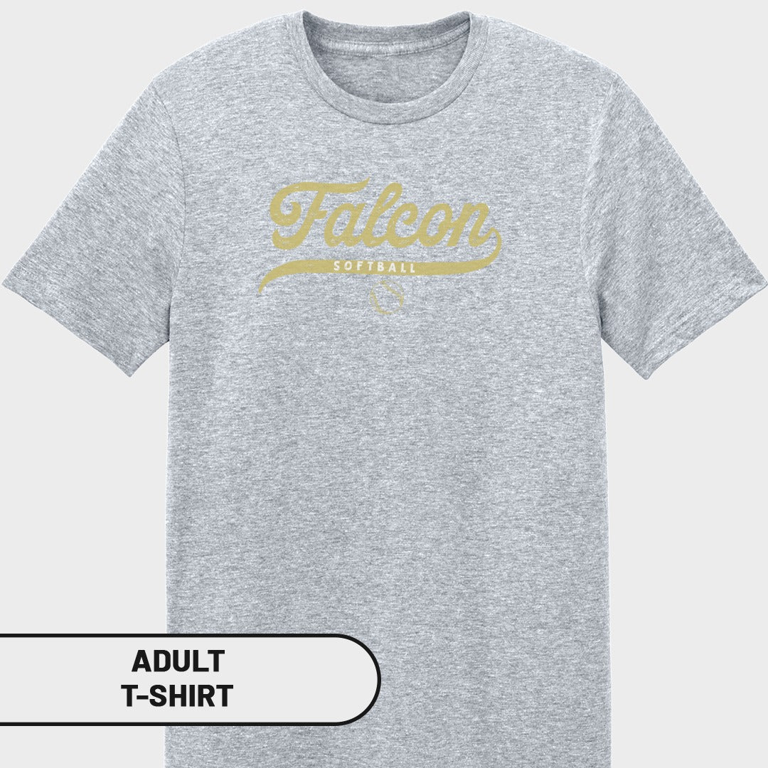 Grey adult t-shirt with "Falcon Softball" graphic and a softball silhouette.