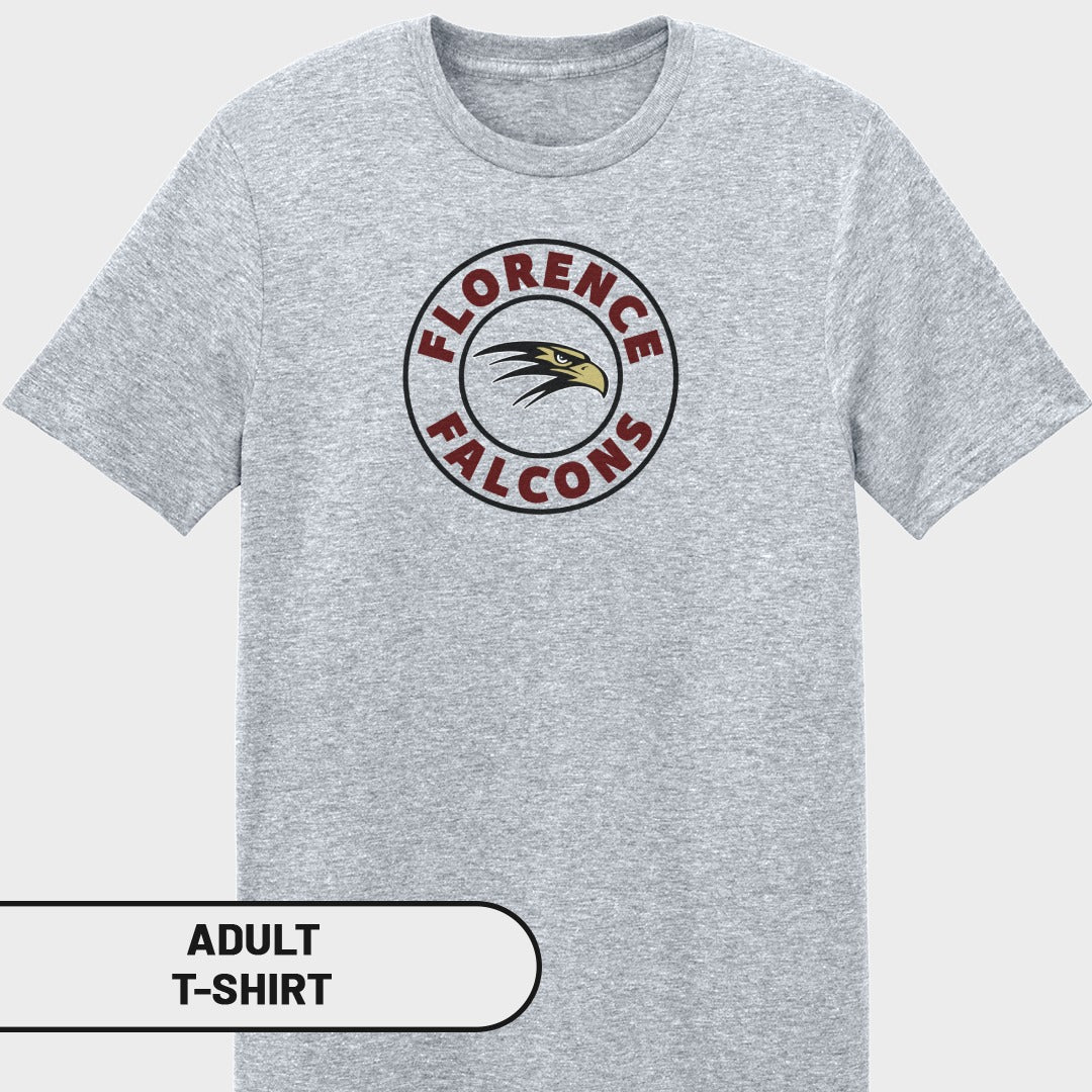 Grey adult t-shirt with circular Florence Falcons logo featuring a hawk's head.