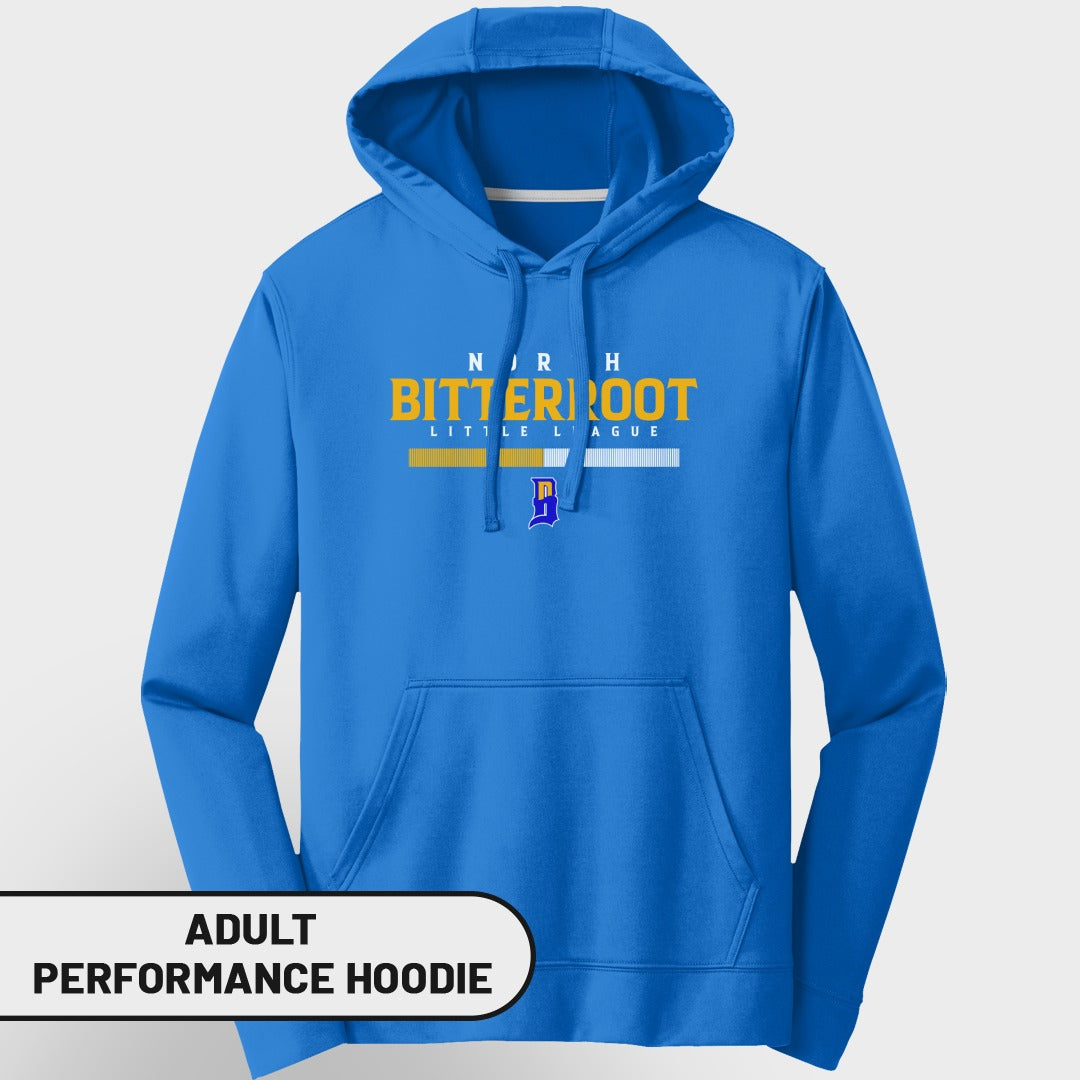 Blue adult performance hoodie with "Bitterroot Little League" text.