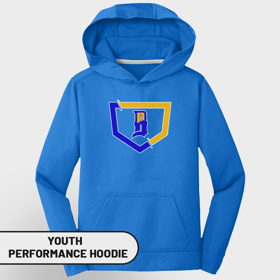 Blue youth performance hoodie with yellow and blue 'D' logo.