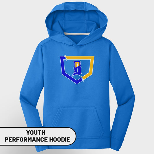 Blue youth performance hoodie with yellow and blue 'D' logo.