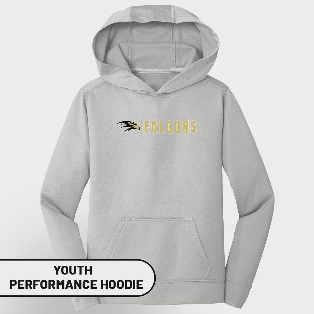 Youth grey performance hoodie with "FALCONS" and a falcon logo.