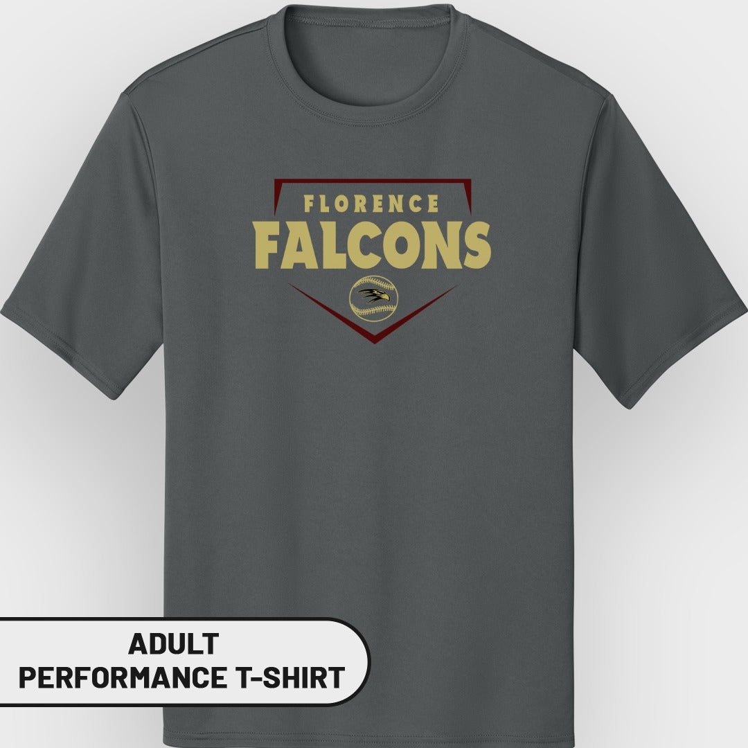 Dark grey adult performance t-shirt with "Florence Falcons" baseball logo.