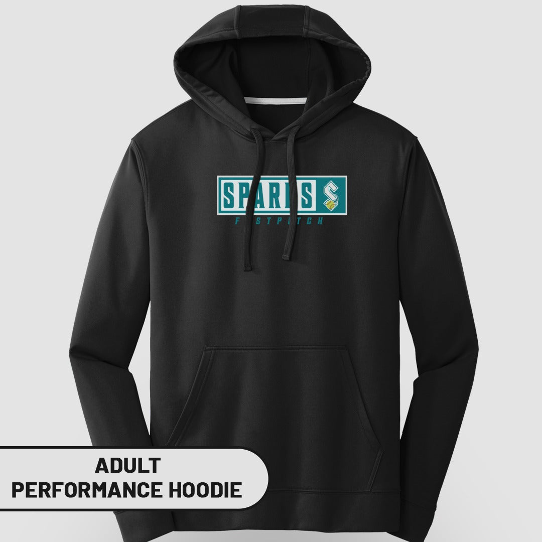 Black adult performance hoodie with "SPORTS" logo.