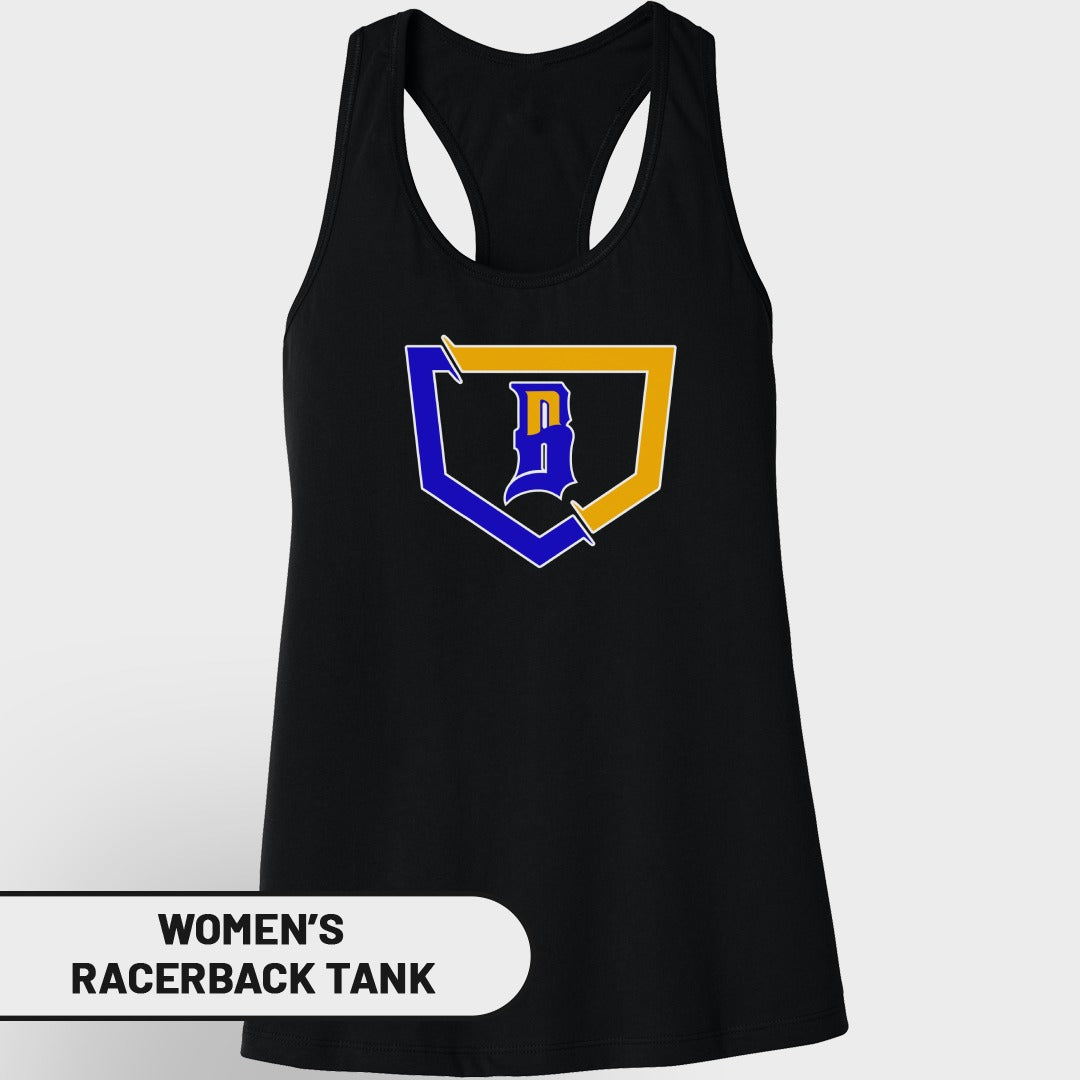 Black racerback tank with blue and yellow "B" logo on a shield.