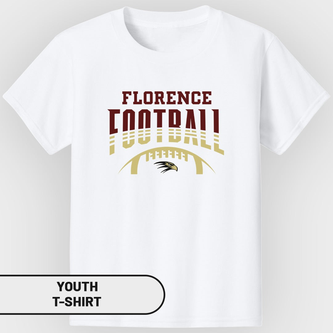White youth t-shirt with "Florence Football" text and an eagle over a football graphic.