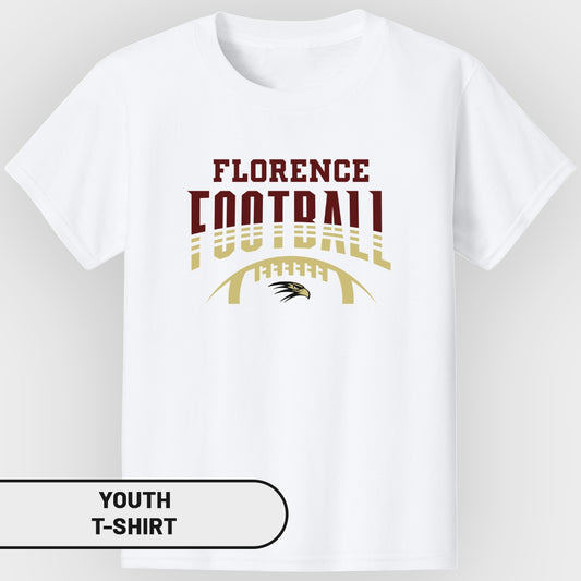 White youth t-shirt with "Florence Football" text and an eagle over a football graphic.