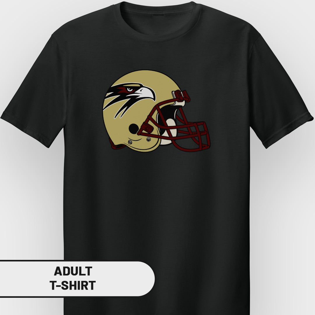 Black t-shirt with gold and red eagle football helmet graphic.