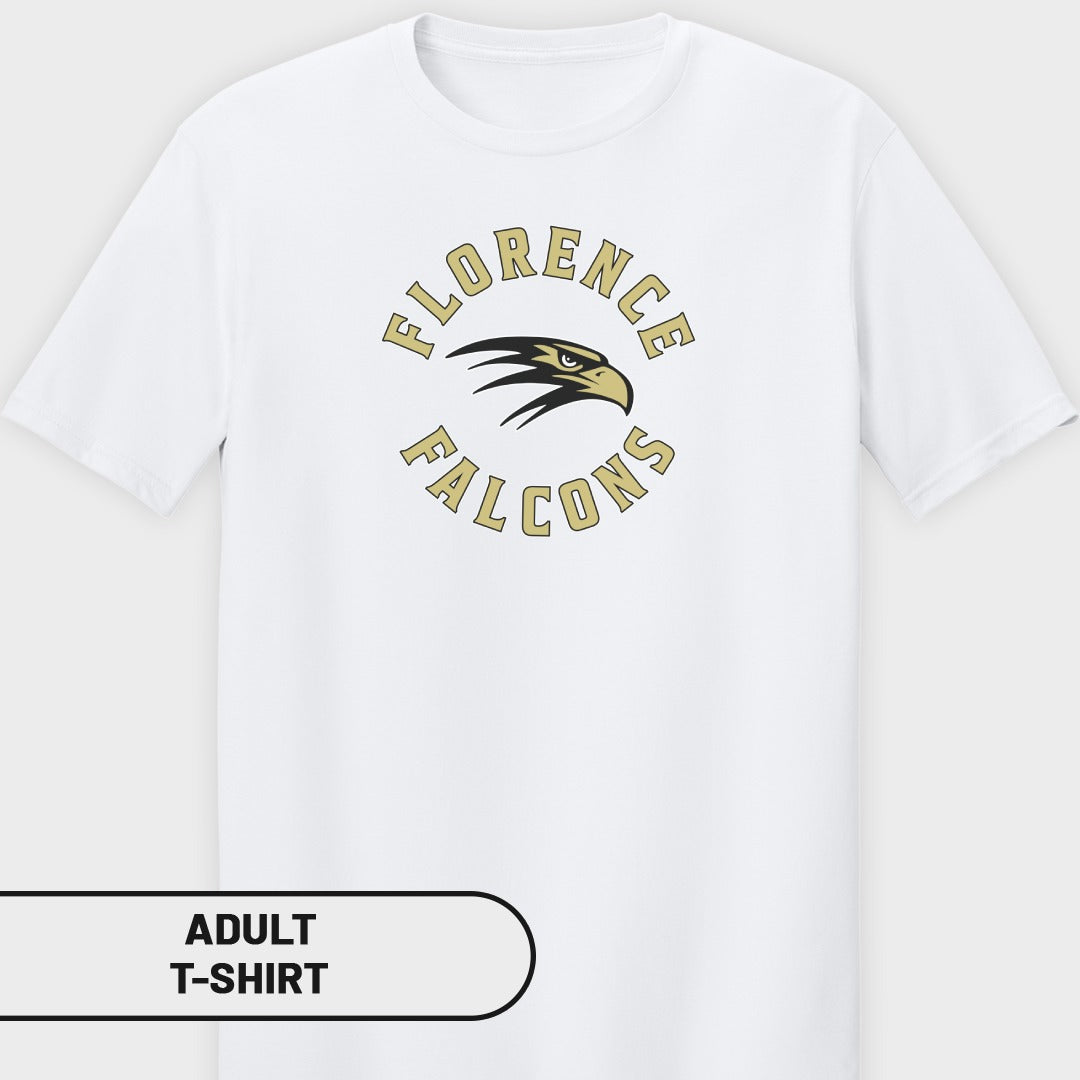 White adult t-shirt with circular "Florence Falcons" logo and eagle graphic.