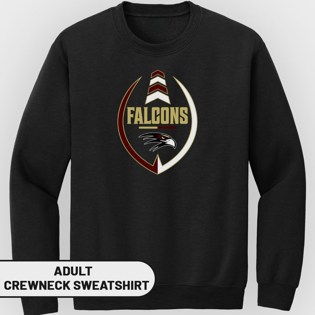 Black adult crewneck sweatshirt with "FALCONS" text and eagle logo.