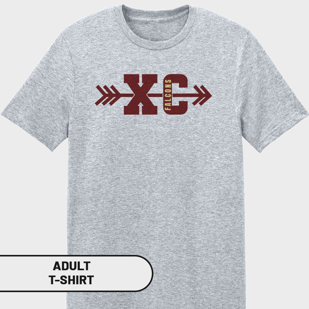 Light grey adult t-shirt with maroon "XC" and "FALCONS" text with arrows.