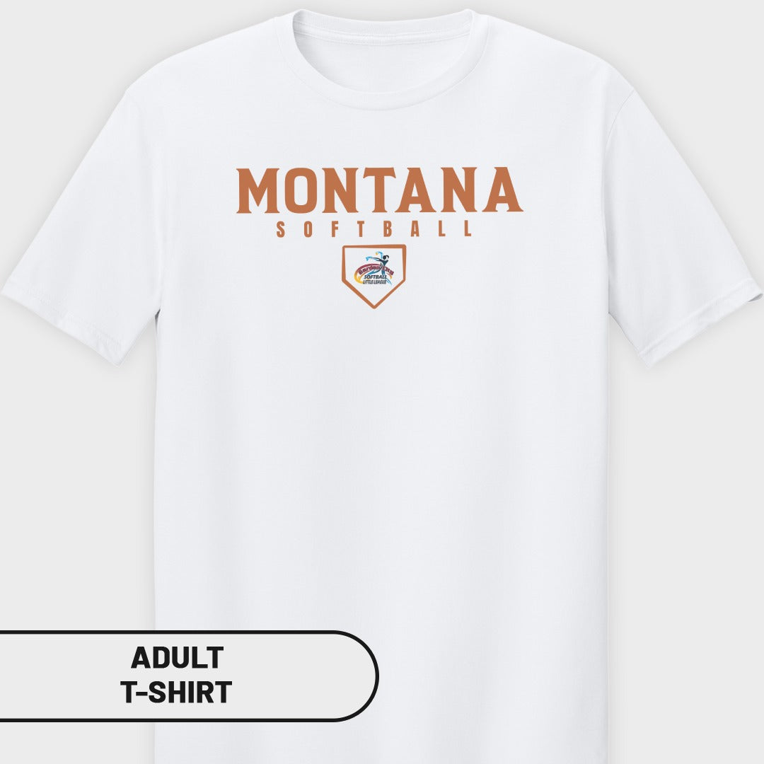White adult t-shirt with Montana Softball logo on front.