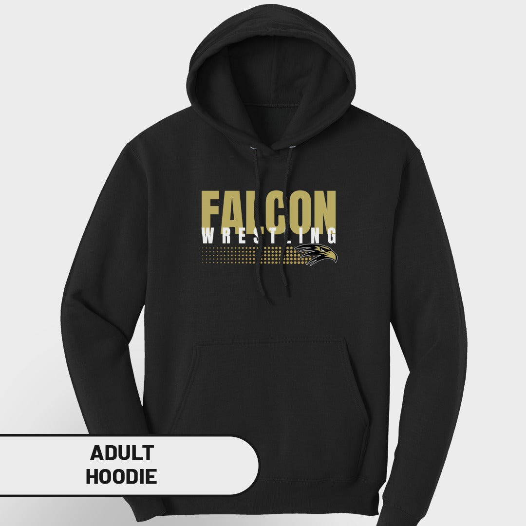 Black adult hoodie with gold "Falcon Wrestling" text and eagle graphic.