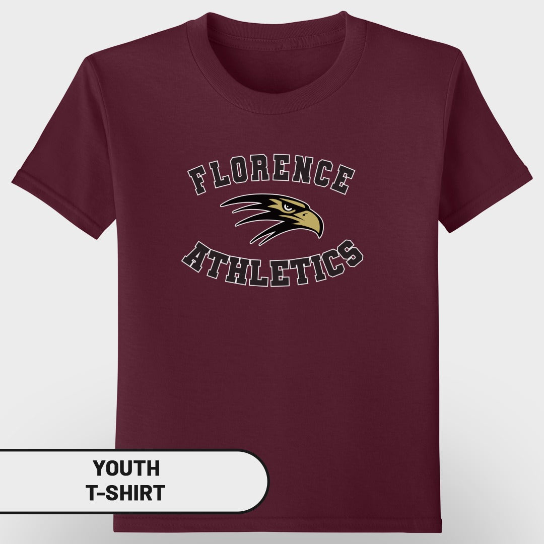 Maroon youth t-shirt with "FLORENCE ATHLETICS" and eagle logo.