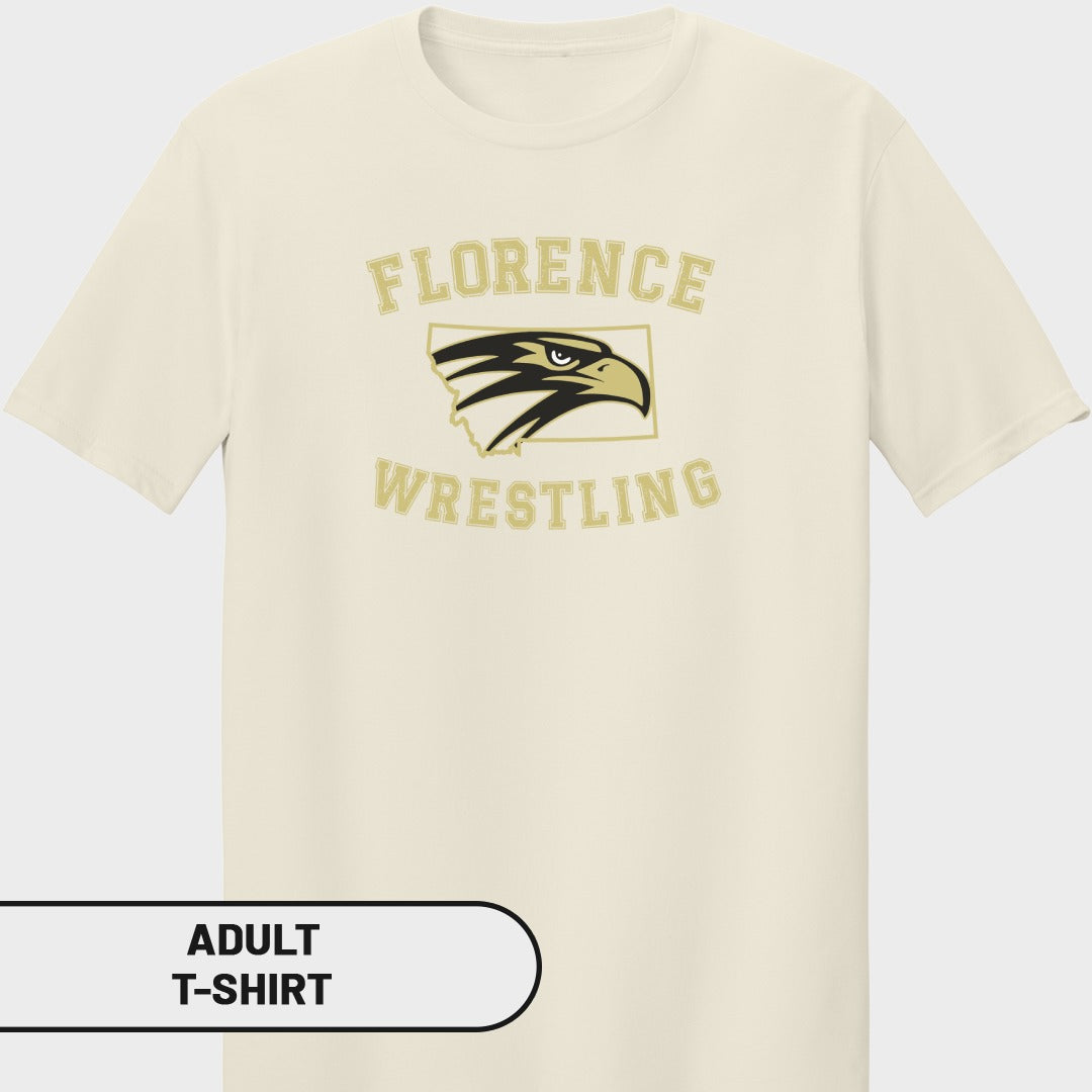 Cream t-shirt with Florence Wrestling eagle logo on front.