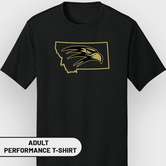 Black adult performance t-shirt with gold Montana outline and eagle logo.