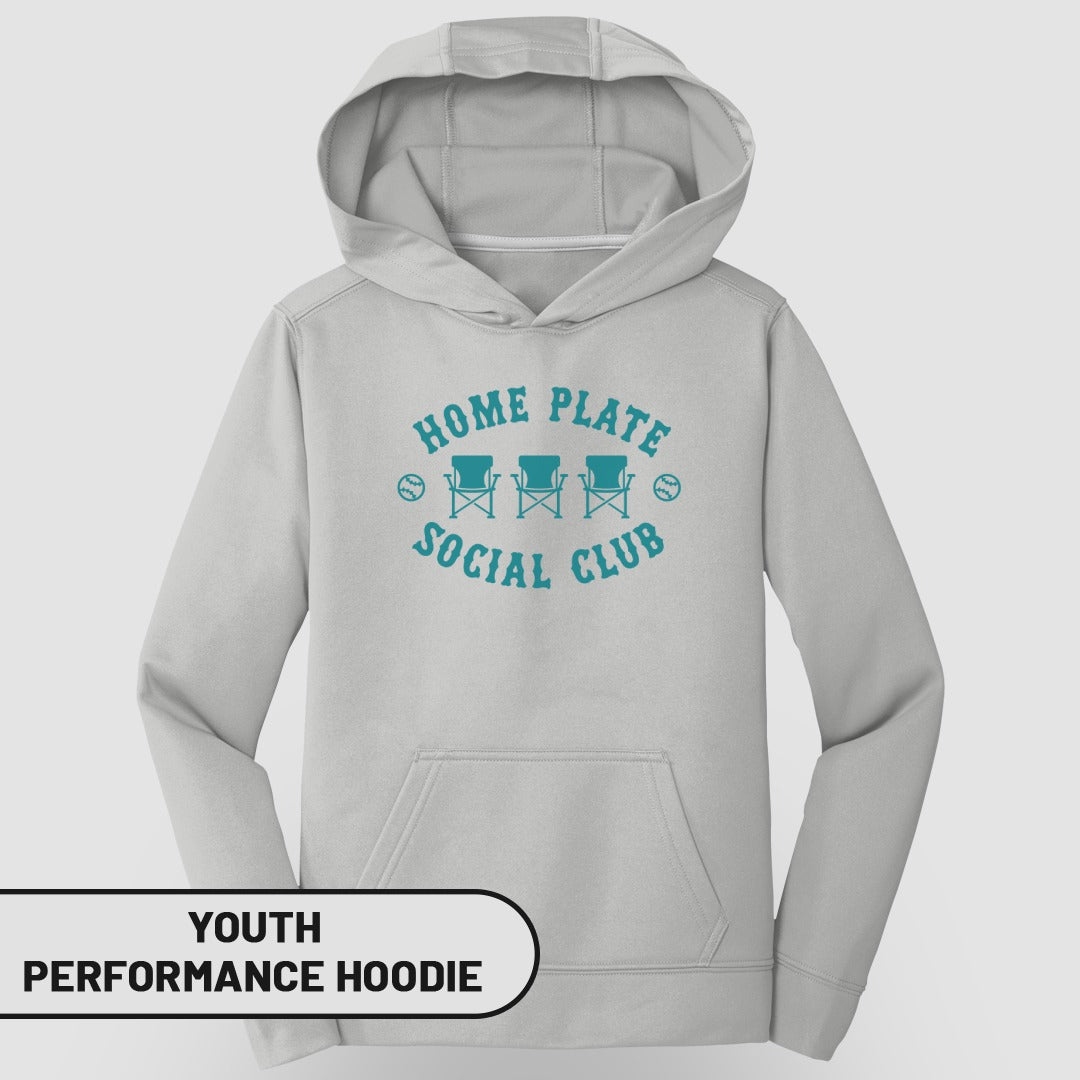 Light gray youth performance hoodie with "Home Plate Social Club" logo.