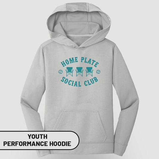 Light gray youth performance hoodie with "Home Plate Social Club" logo.