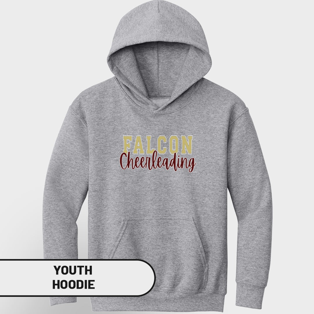 Grey youth hoodie with "FALCON Cheerleading" text on chest.