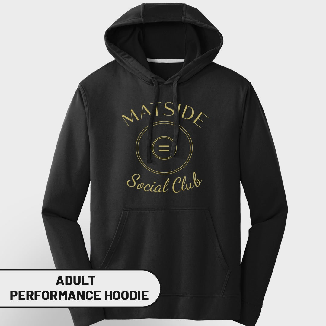 Black adult performance hoodie with gold "MATSIDE Social Club" logo and graphic.