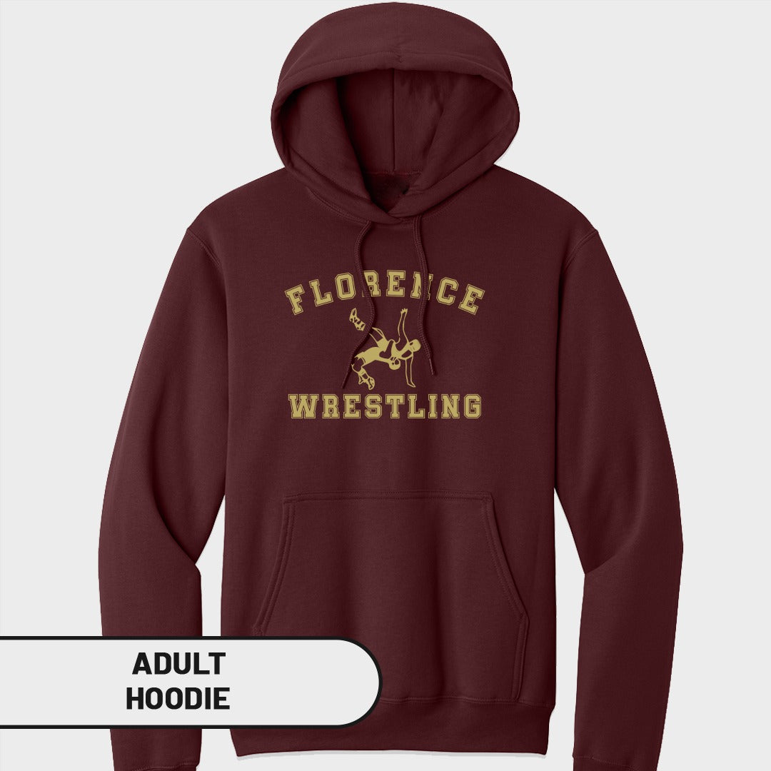 Maroon adult hoodie with "Florence Wrestling" text and wrestling graphic.