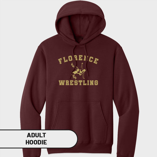Maroon adult hoodie with "Florence Wrestling" text and wrestling graphic.