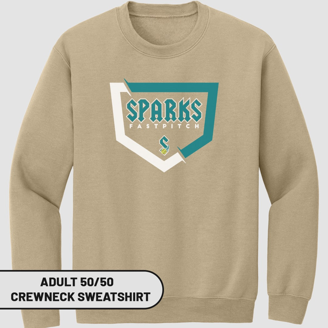 Tan crewneck sweatshirt with "Sparks Fastpitch" logo.