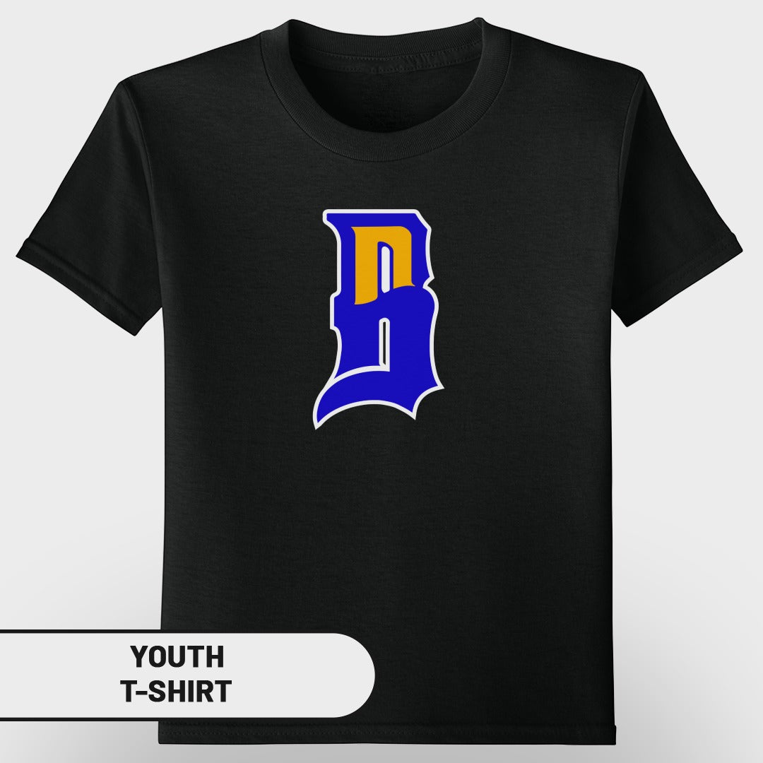 Black youth t-shirt with a blue and yellow stylized 'B' logo.