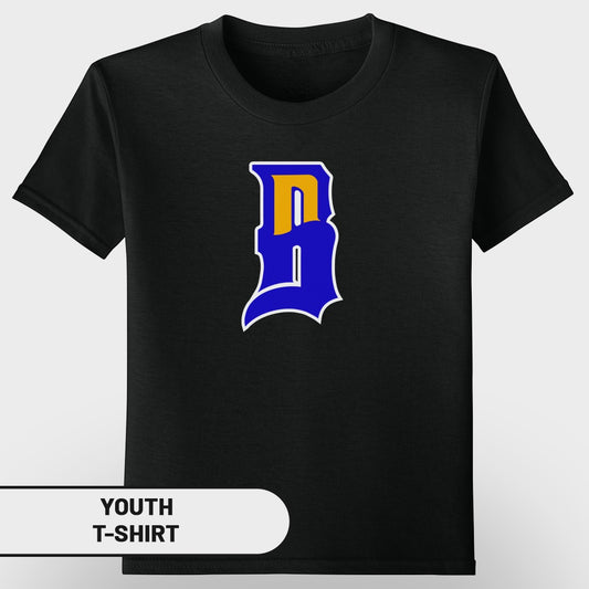 Black youth t-shirt with a blue and yellow stylized 'B' logo.