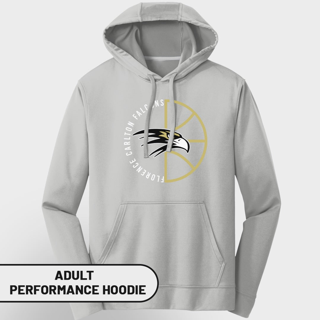 Light grey adult performance hoodie with circular Florence Carlton Falcons basketball logo.