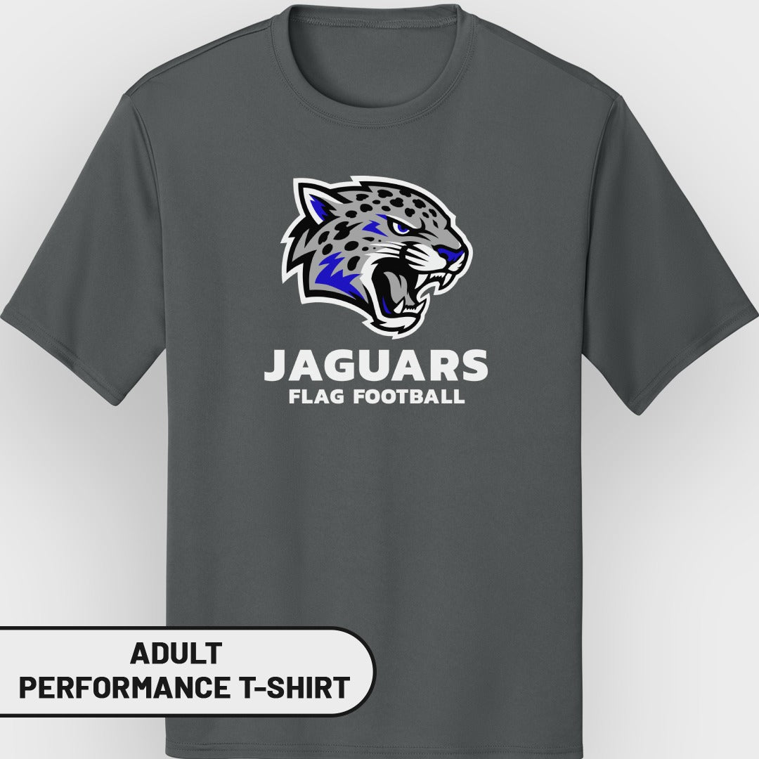 Adult performance t-shirt with Jaguars flag football logo.