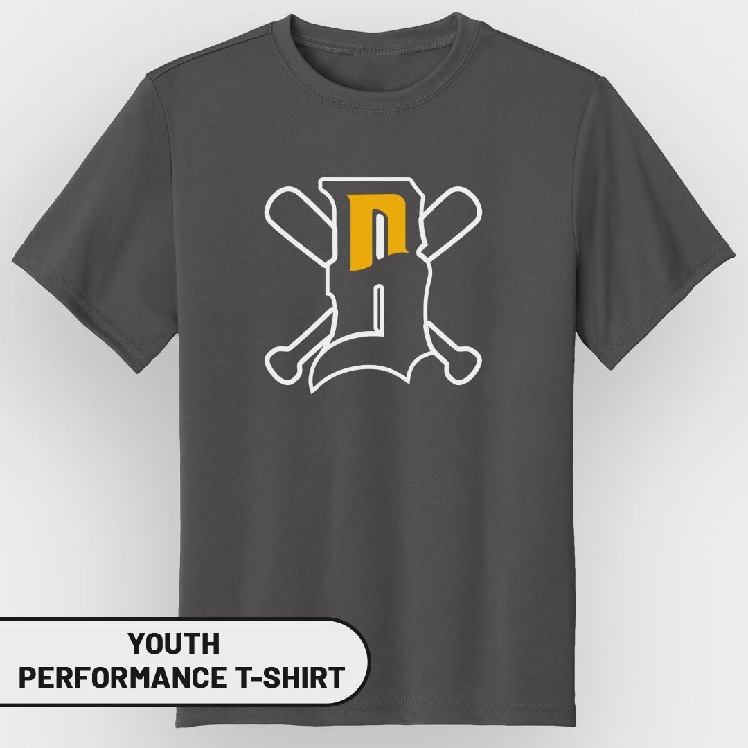 Youth performance t-shirt with a white and yellow baseball logo.