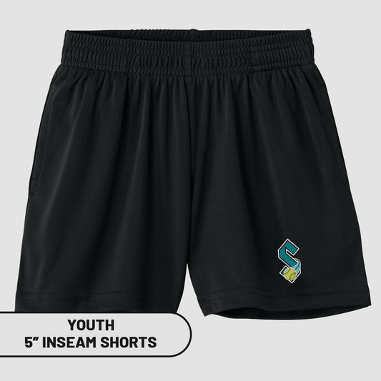 Black youth shorts with a 5-inch inseam and a contrasting logo.