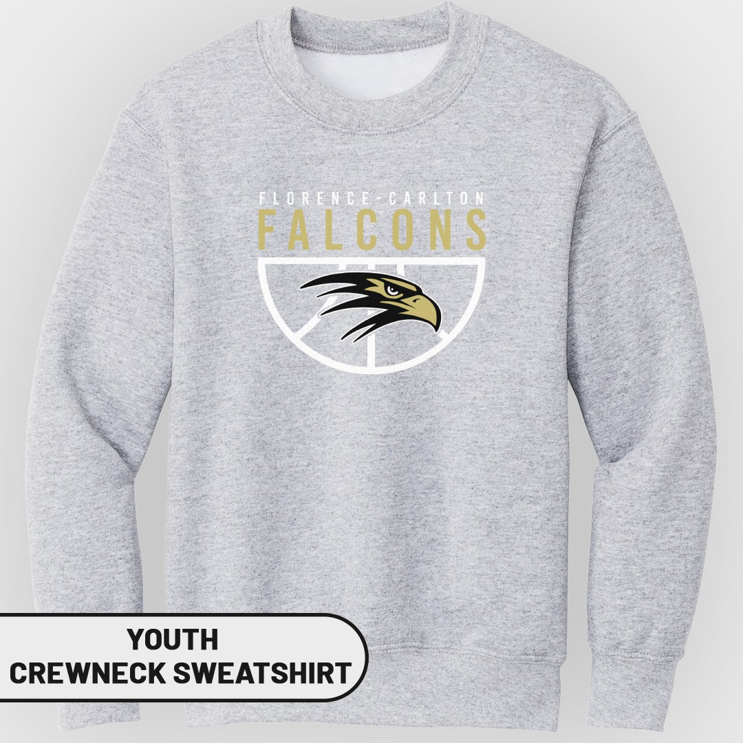 Light grey youth crewneck sweatshirt with Florence Carlton Falcons logo.
