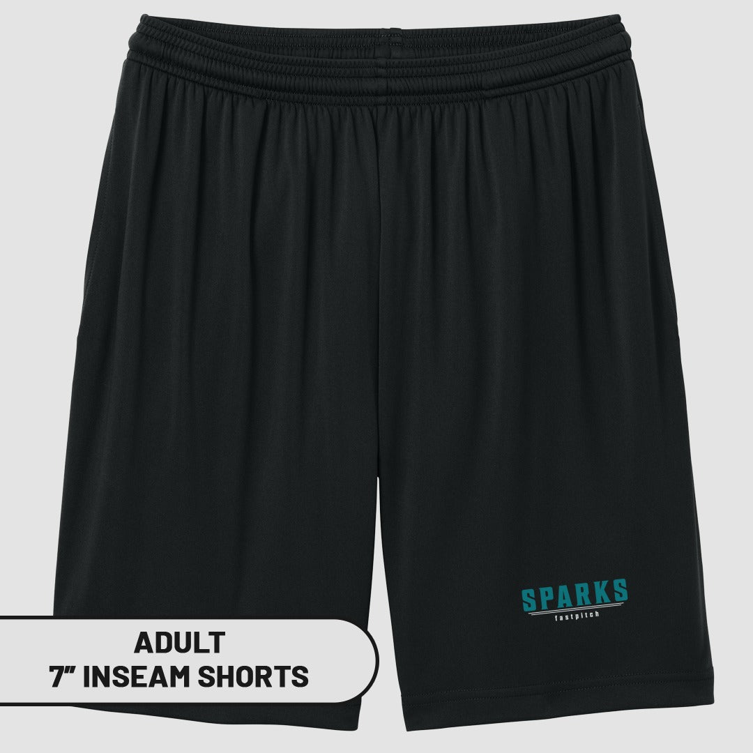 Black adult 7" inseam shorts with "SPARKS" and "footpitch" logo.