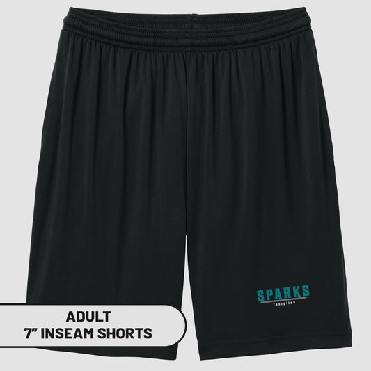 Black adult 7" inseam shorts with "SPARKS" and "footpitch" logo.