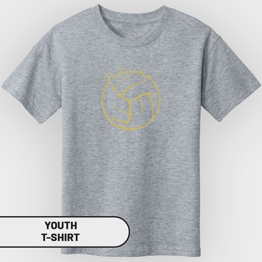 Grey youth t-shirt with a gold outline of a volleyball and text.