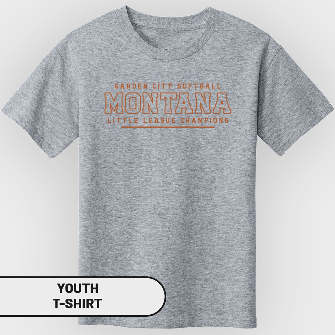 Youth grey t-shirt with "Garden City Softball Montana Little League Champions" text.