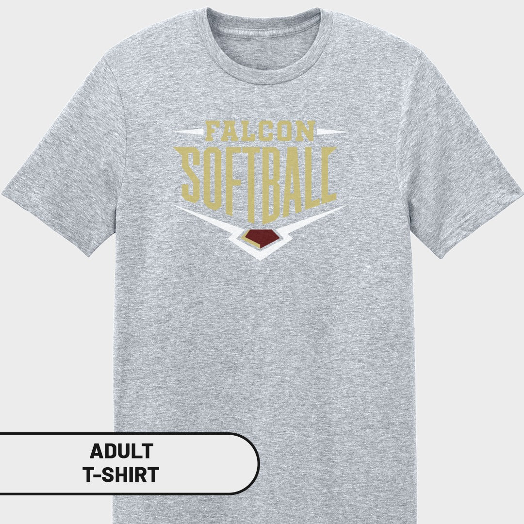 Grey adult t-shirt with "FALCON SOFTBALL" logo.