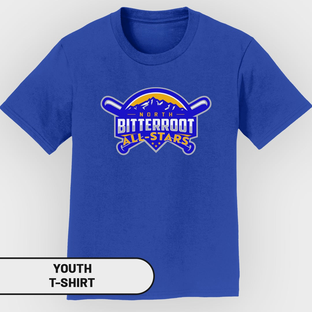Youth t-shirt with "North Bitterroot All-Stars" baseball logo.