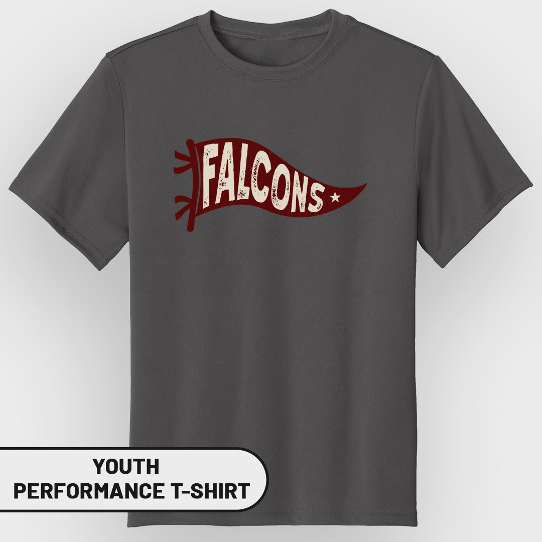 Youth performance t-shirt with distressed "Falcons" banner graphic.