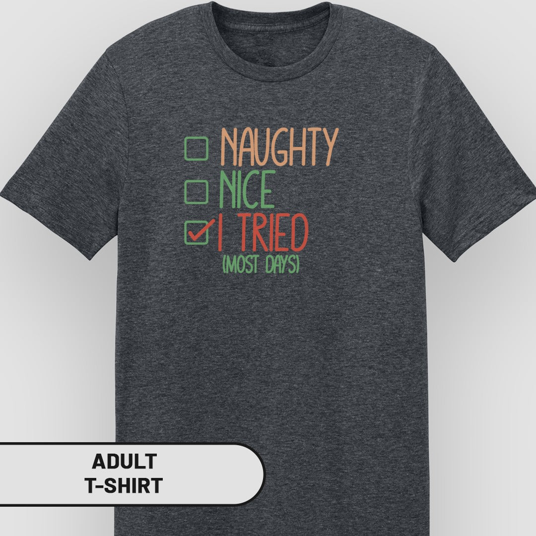 Naughty Nice I Tried Most Days Adult T-shirt
