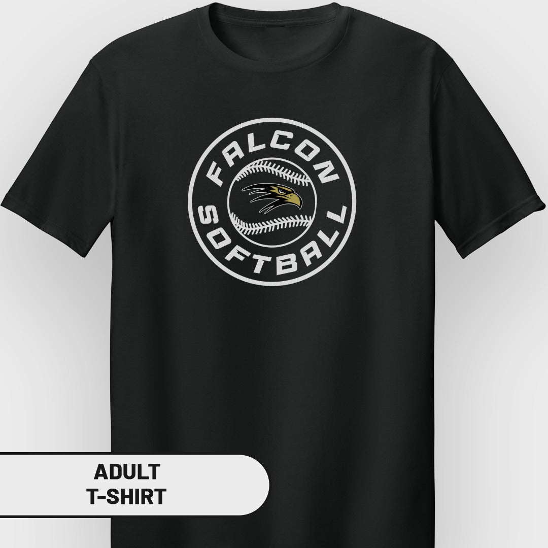 Black t-shirt with white circular logo: "SOF" on left, "FALCON" on top, "BALL" on right, and "FTBALL" on bottom, featuring a stylized eagle and baseball stitches.