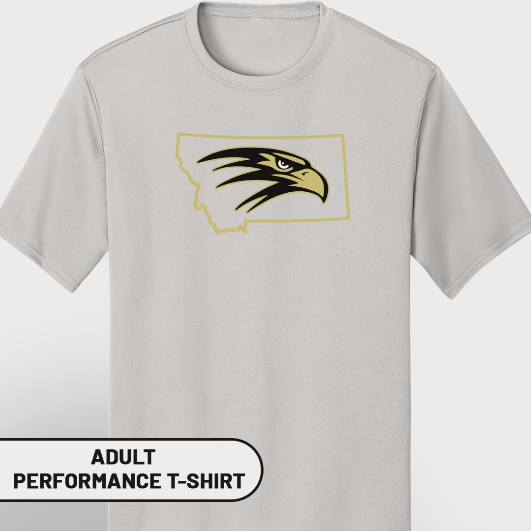 Gray performance t-shirt with Montana outline and eagle graphic.