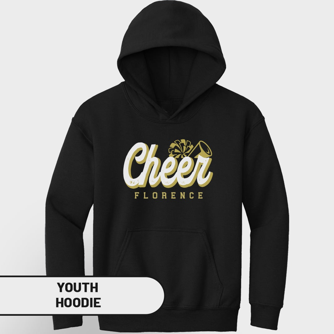 Black youth hoodie with "Cheer Florence" graphic and pom-pom megaphone design.