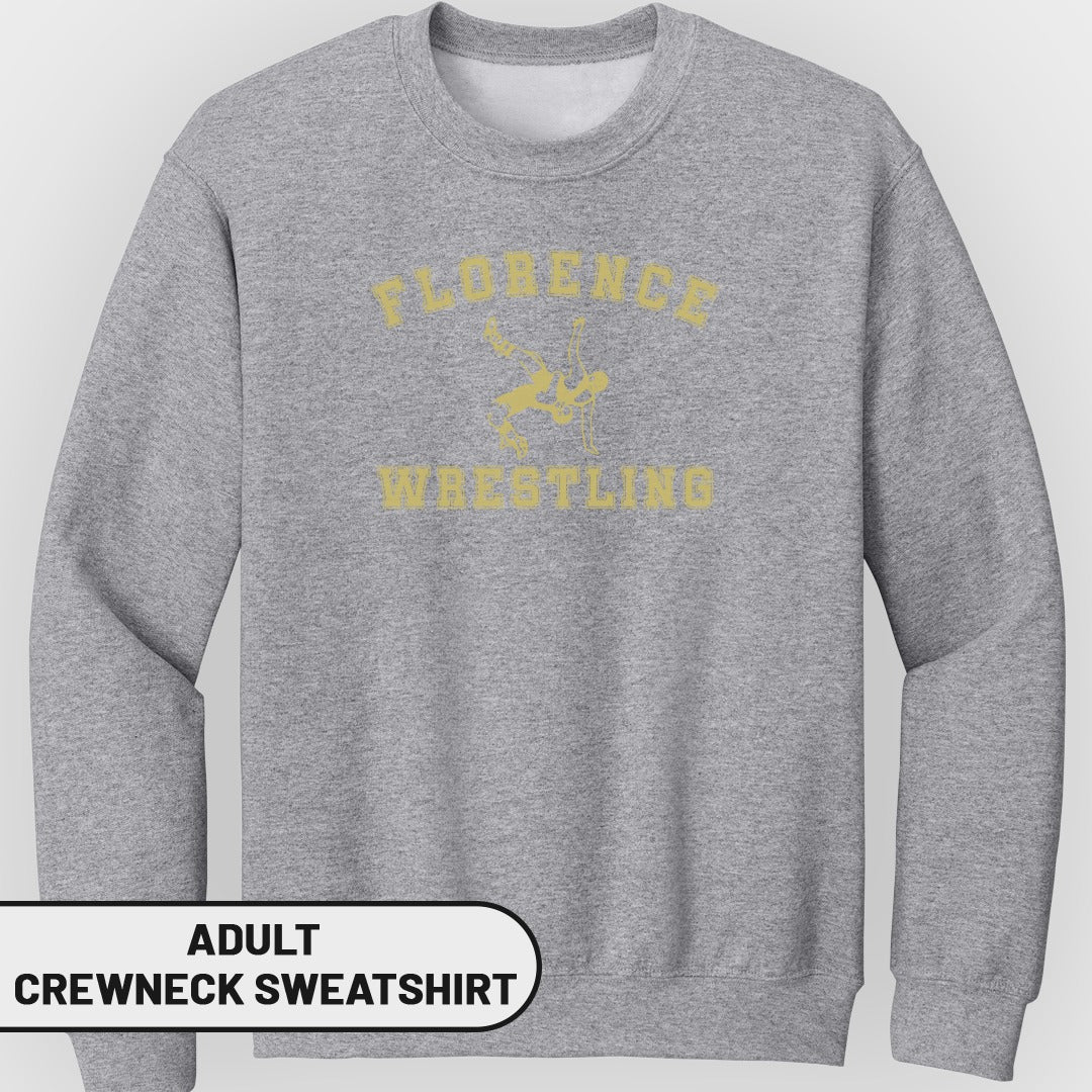 Adult grey crewneck sweatshirt with "Florence Wrestling" text and wrestling graphic.