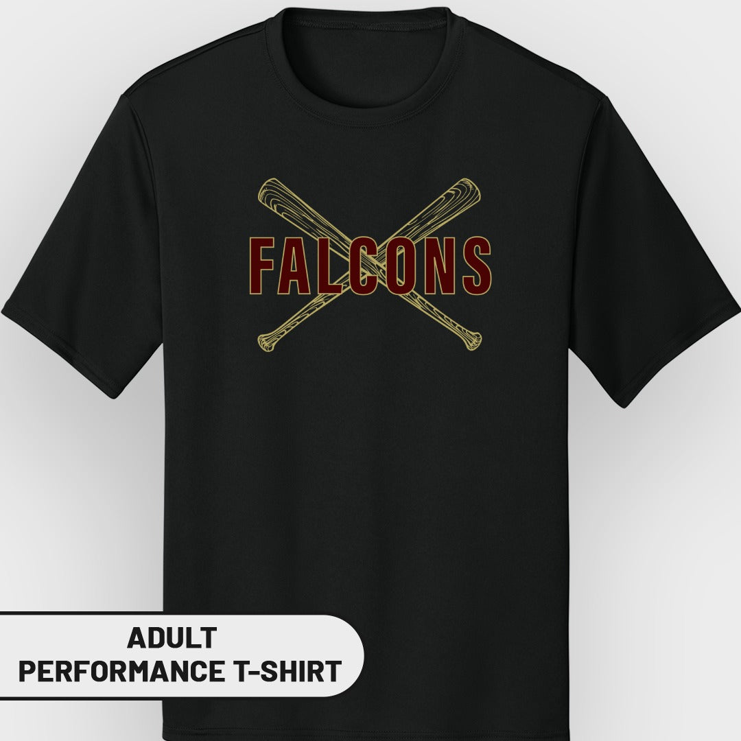 Black adult performance t-shirt with crossed baseball bats and "FALCONS" text.