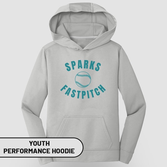 Youth Sparks Fastpitch performance hoodie in light gray with turquoise text.